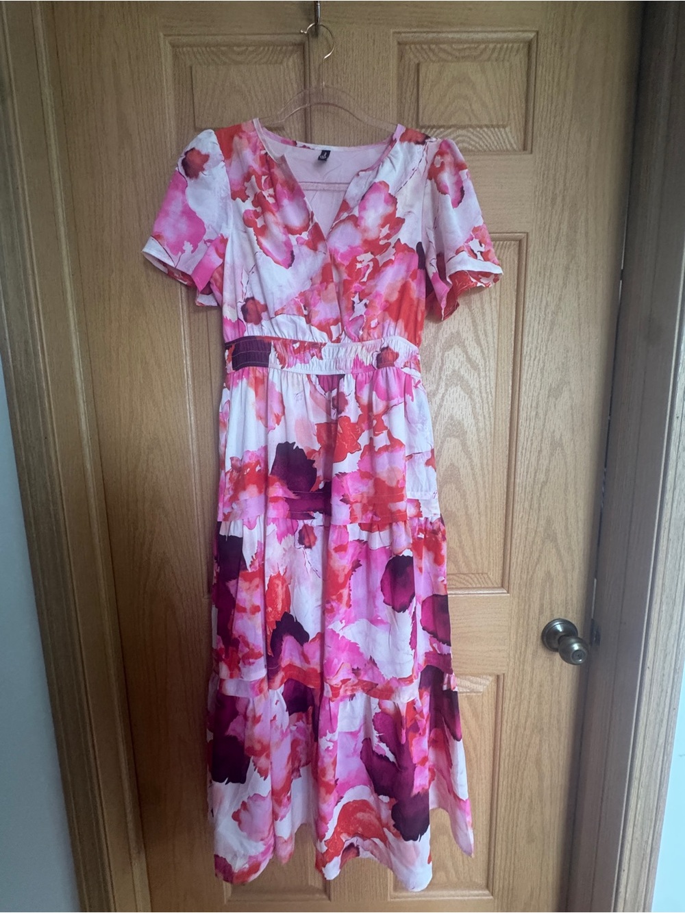 PRETTYGARDEN V-Neck Short Sleeve Tiered Floral Maxi Dress